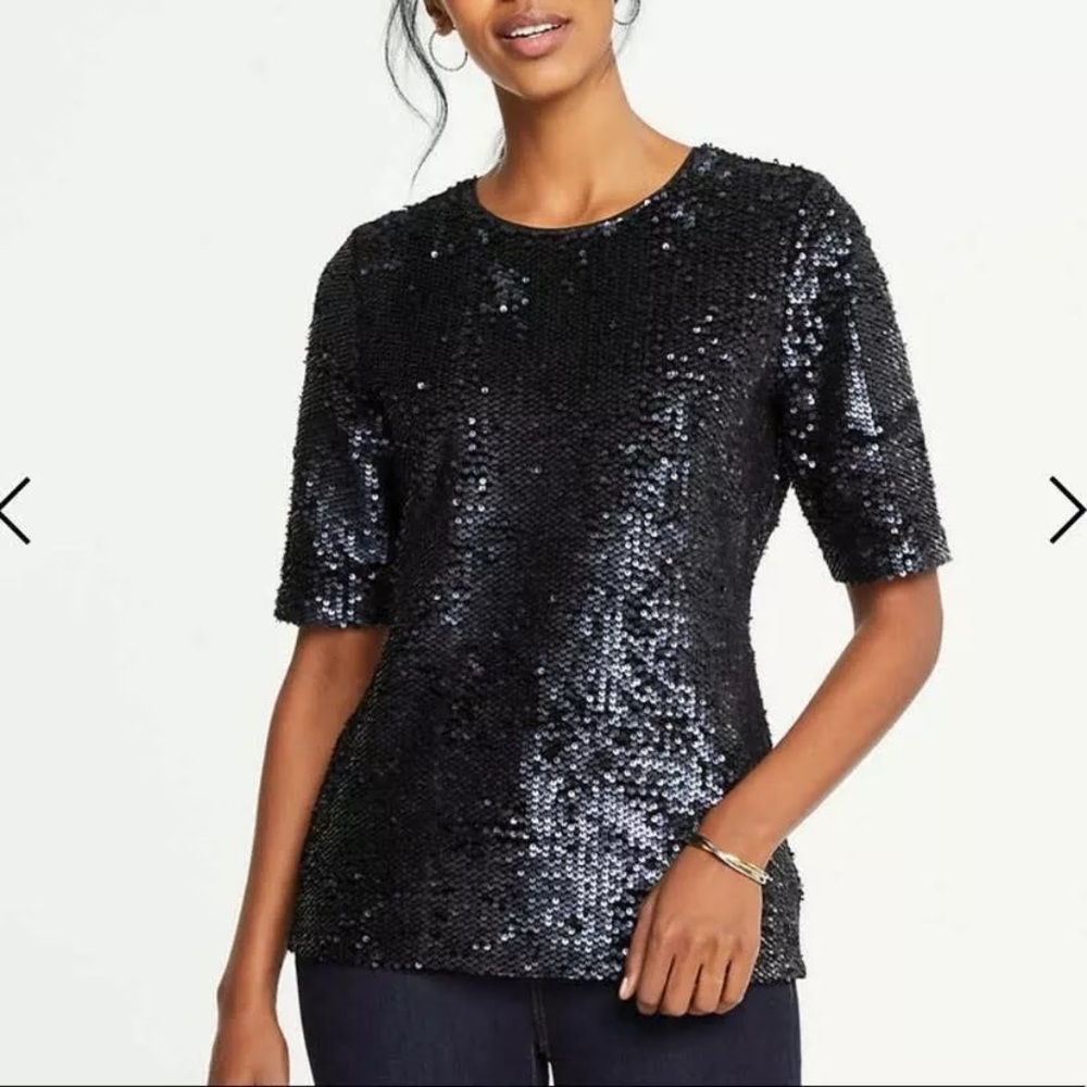 Brand New ANN TAYLOR Women's Sequin Navy Black Blouse Top Size XS